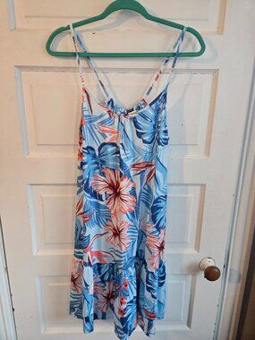 Cinnie Tropical Hibiscus Floral Tiered Mini Dress - Size Large